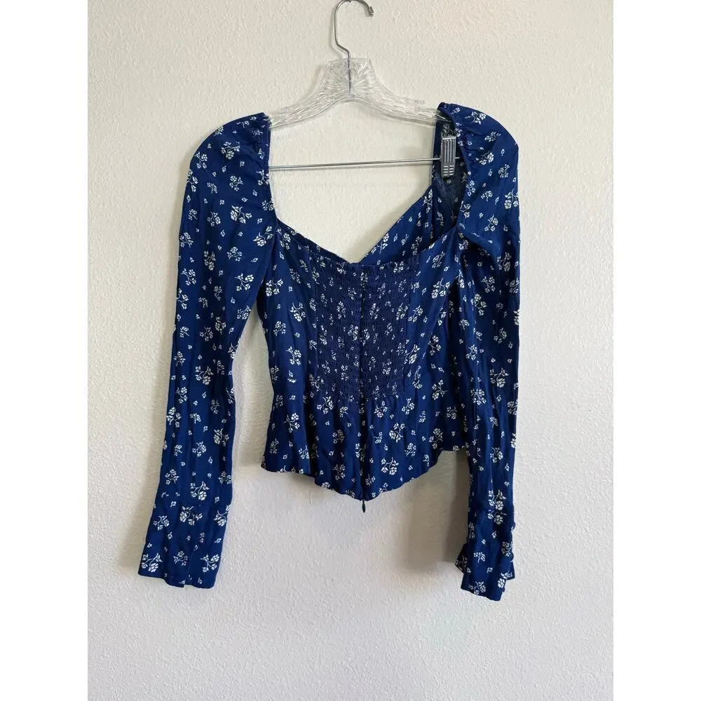 Reformation Nell Blue White Floral Puff Sleeve Fitted Blouse Size 4